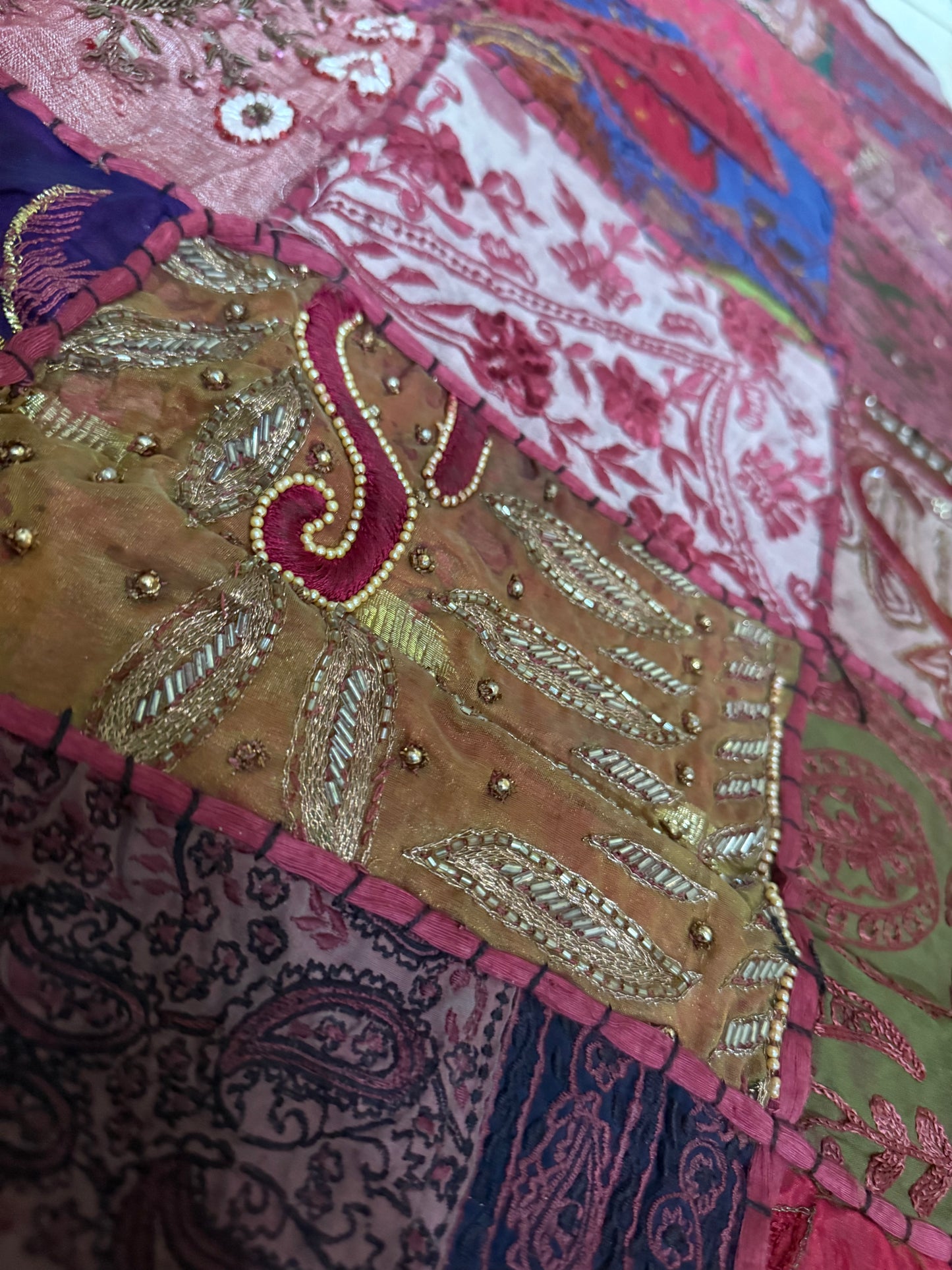 Handmade Embroidered Indian Sari Tapestry – Vintage Zari Patchwork Wall Hanging with Mirror & Sequin Work, Multicolor Boho Ethnic Textile Art Home Décor 59" x 59" Inch Large Square Decoration