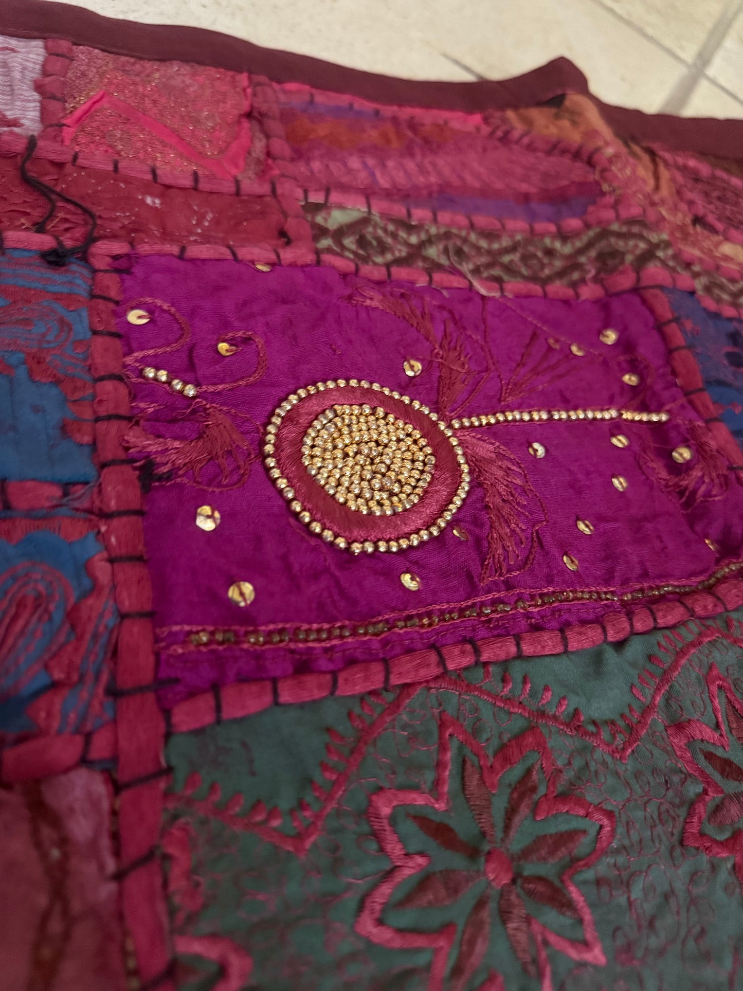 Handmade Embroidered Indian Sari Tapestry – Vintage Zari Patchwork Wall Hanging with Mirror & Sequin Work, Multicolor Boho Ethnic Textile Art Home Décor 59" x 59" Inch Large Square Decoration