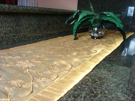 Gold Beaded Table Runner: Indian Sari Fabric & Tassels