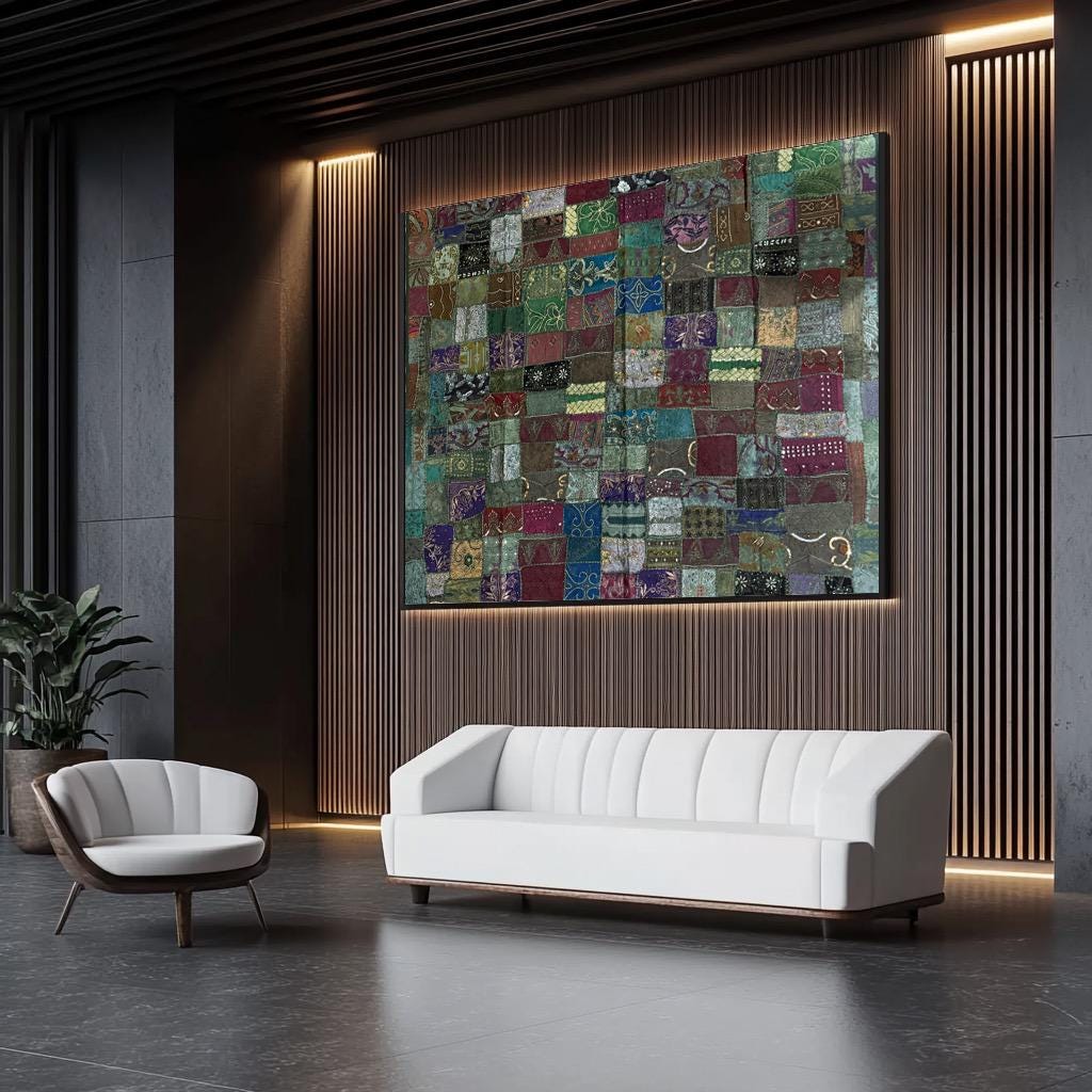 Handmade Embroidered Sari Tapestry Wall Hanging – Vintage Indian Patchwork with Zari, Mirror & Sequin Work, Large Multicolor Boho Decor Textile Art 77" x 76" Inch for Living Room or Bedroom