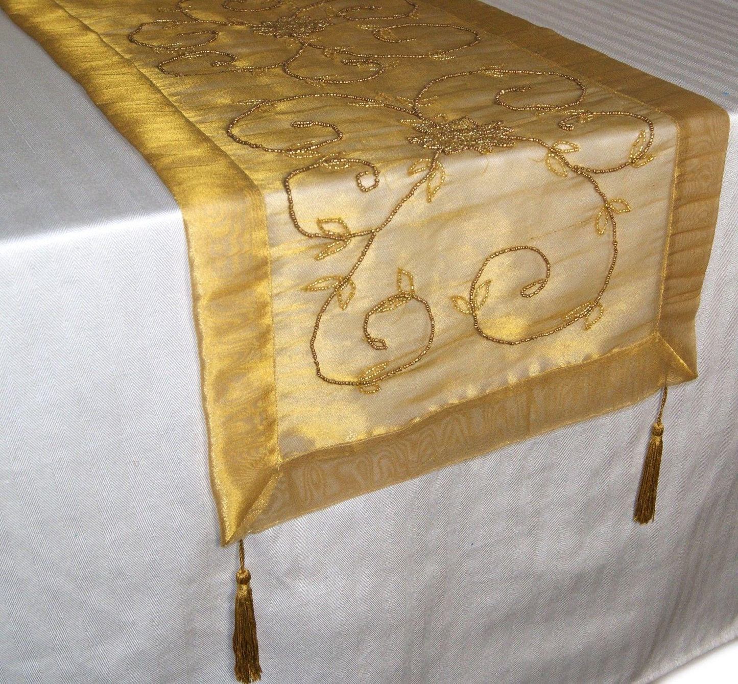 Gold Beaded Table Runner: Indian Sari Fabric & Tassels
