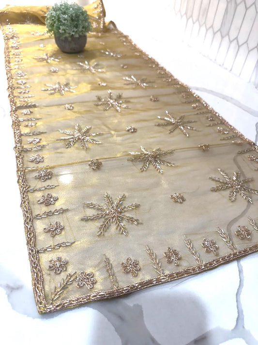 Gold Beaded Table Runner: Indian Sari Style with Tassels