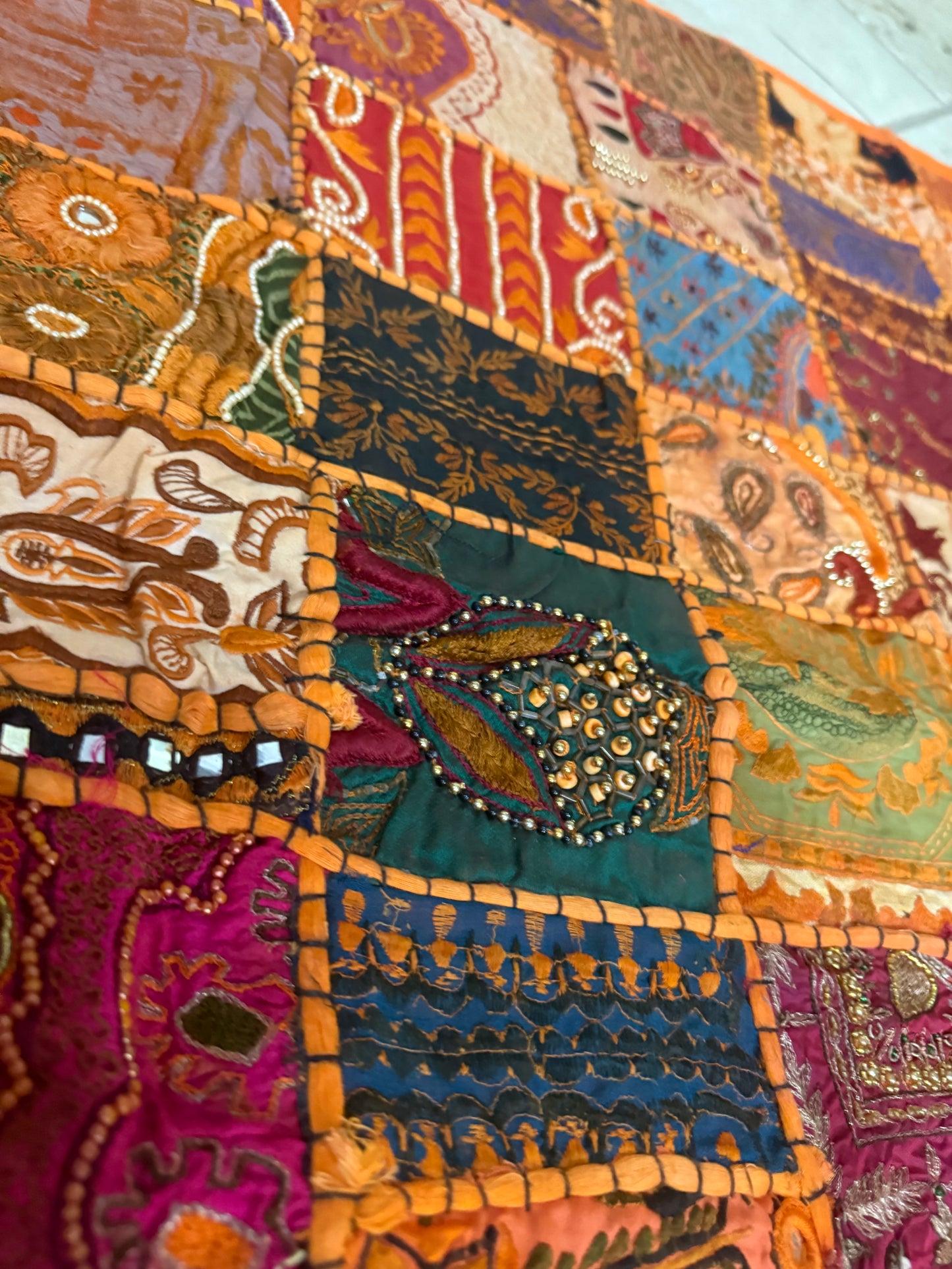 Embroidered Sari Tapestry Wall Hanging: Vintage Indian Zari Work, 58" x 57"