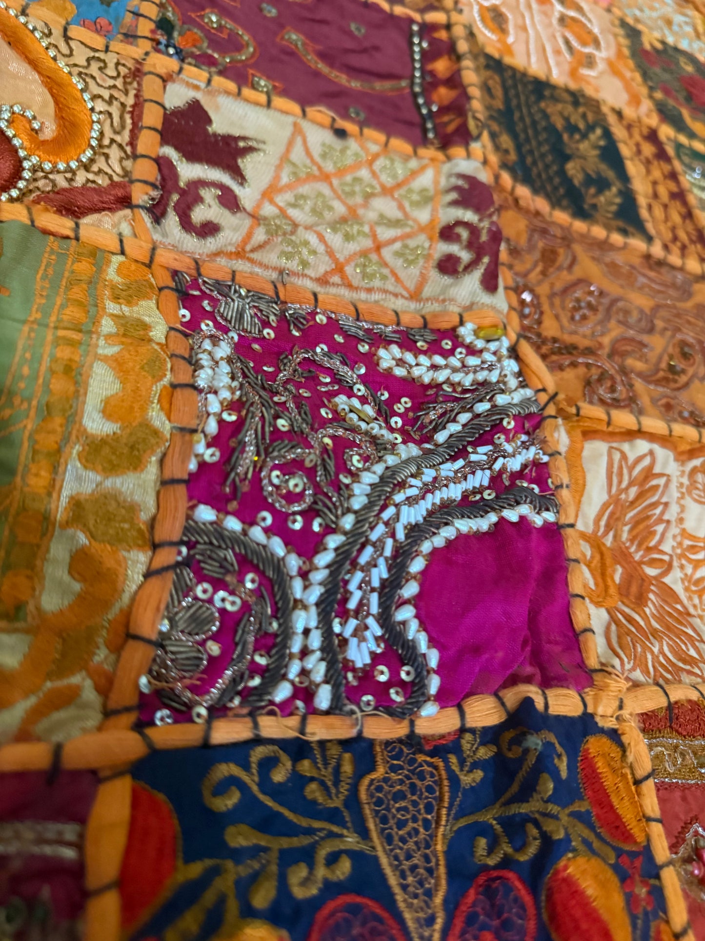 Embroidered Sari Tapestry Wall Hanging: Vintage Indian Zari Work, 58" x 57"