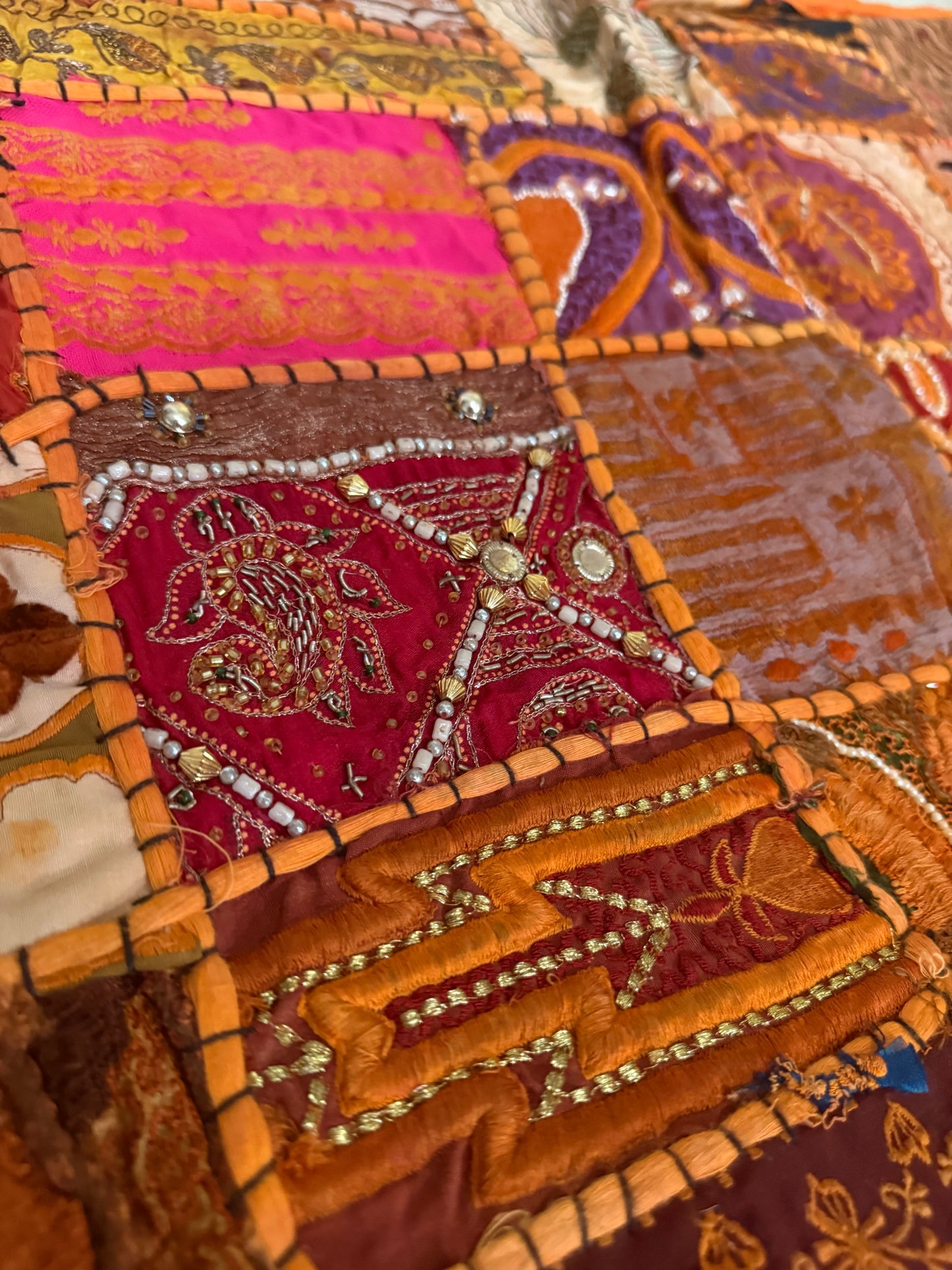Embroidered Sari Tapestry Wall Hanging: Vintage Indian Zari Work, 58" x 57"