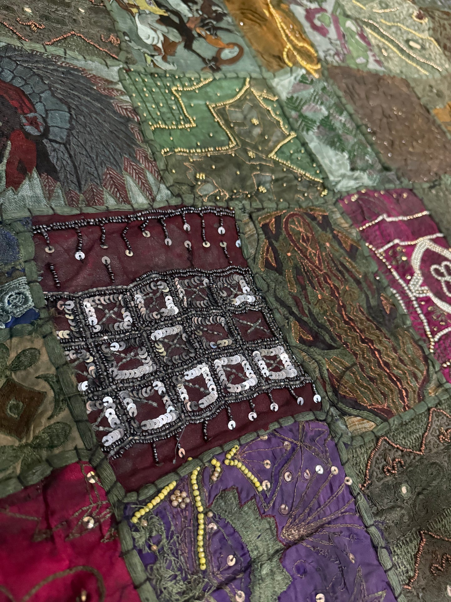 Handmade Embroidered Sari Tapestry Wall Hanging – Vintage Indian Patchwork with Zari, Mirror & Sequin Work, Large Multicolor Boho Decor Textile Art 77" x 74" Inch for Living Room or Bedroom