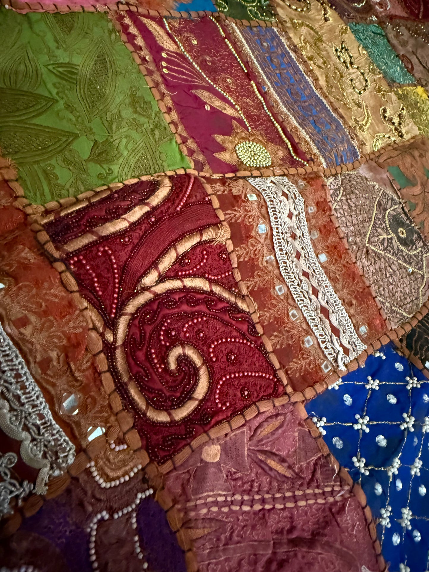 Handmade Embroidered Indian Tapestry Wall Hanging – Vintage Sari Patchwork Zari Mirror Work Boho Decor, Large Multicolor Textile Art 78" x 75" Inch Ethnic Bohemian Home Decoration