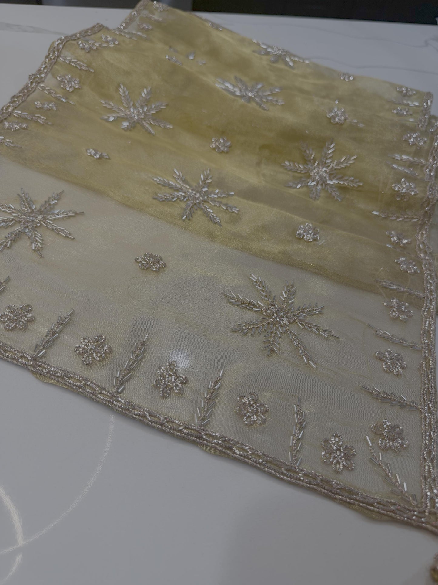 Gold Beaded Table Runner: Indian Sari Style with Tassels