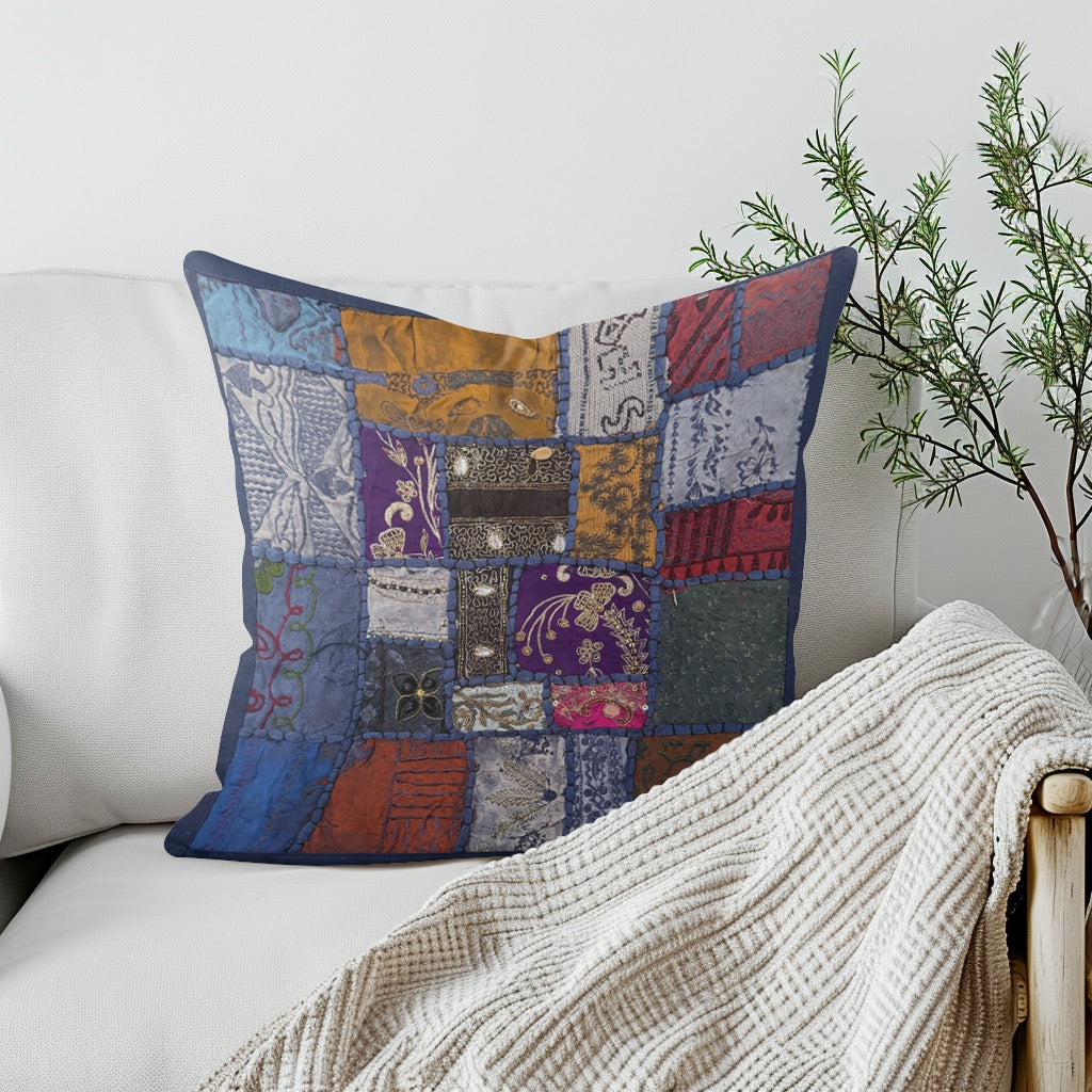 Blue Handmade Embroidered Indian Pillow Cover 16x16 – Decorative Cushion Case with Zari & Sequin Work, Bohemian Throw Pillow Cover for Sofa, Bed, Living Room, Luxury Handmade Home Décor