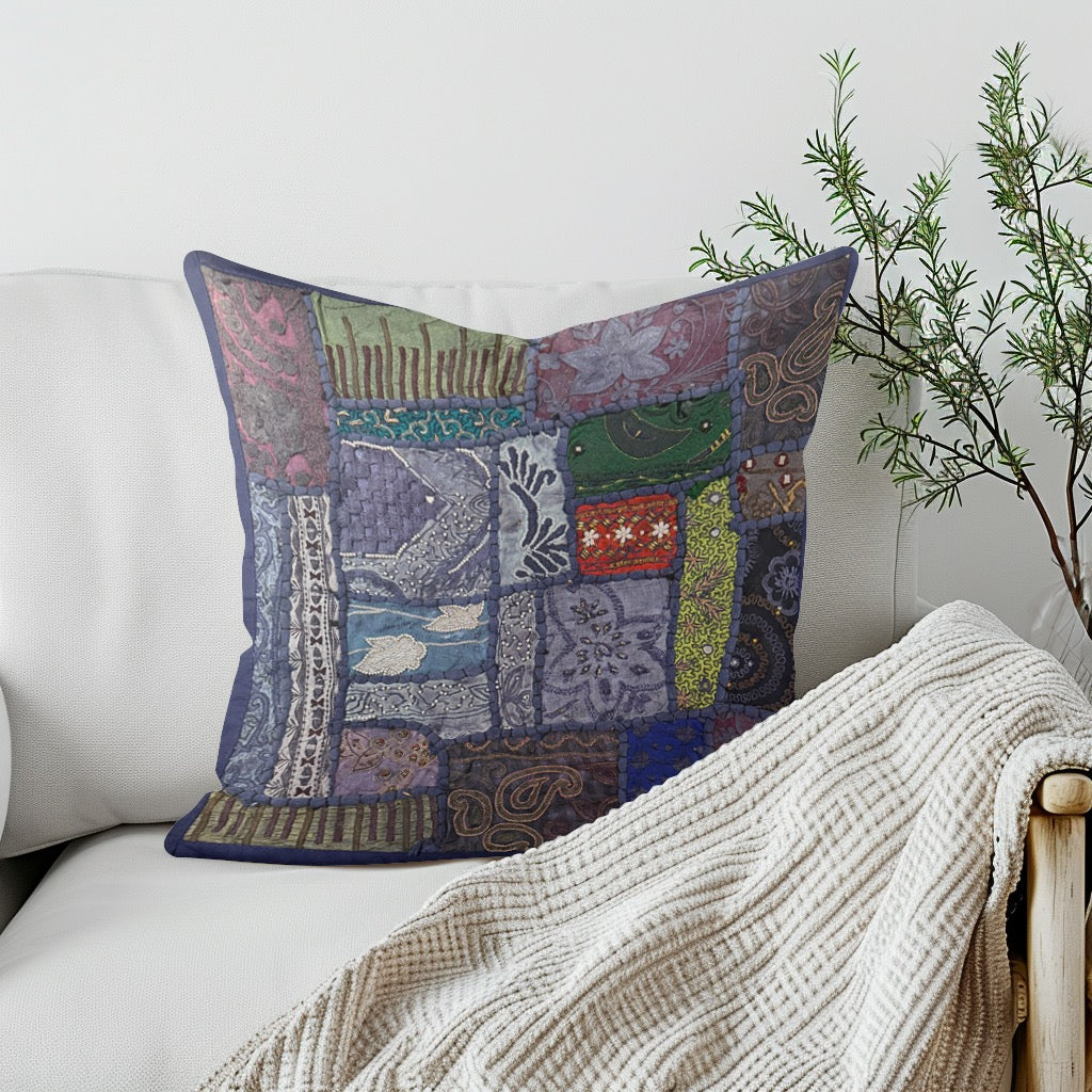 Blue Handmade Embroidered Indian Pillow Cover 16x16 – Decorative Cushion Case with Zari & Sequin Work, Bohemian Throw Pillow Cover for Sofa, Bed, Living Room, Luxury Handmade Home Décor