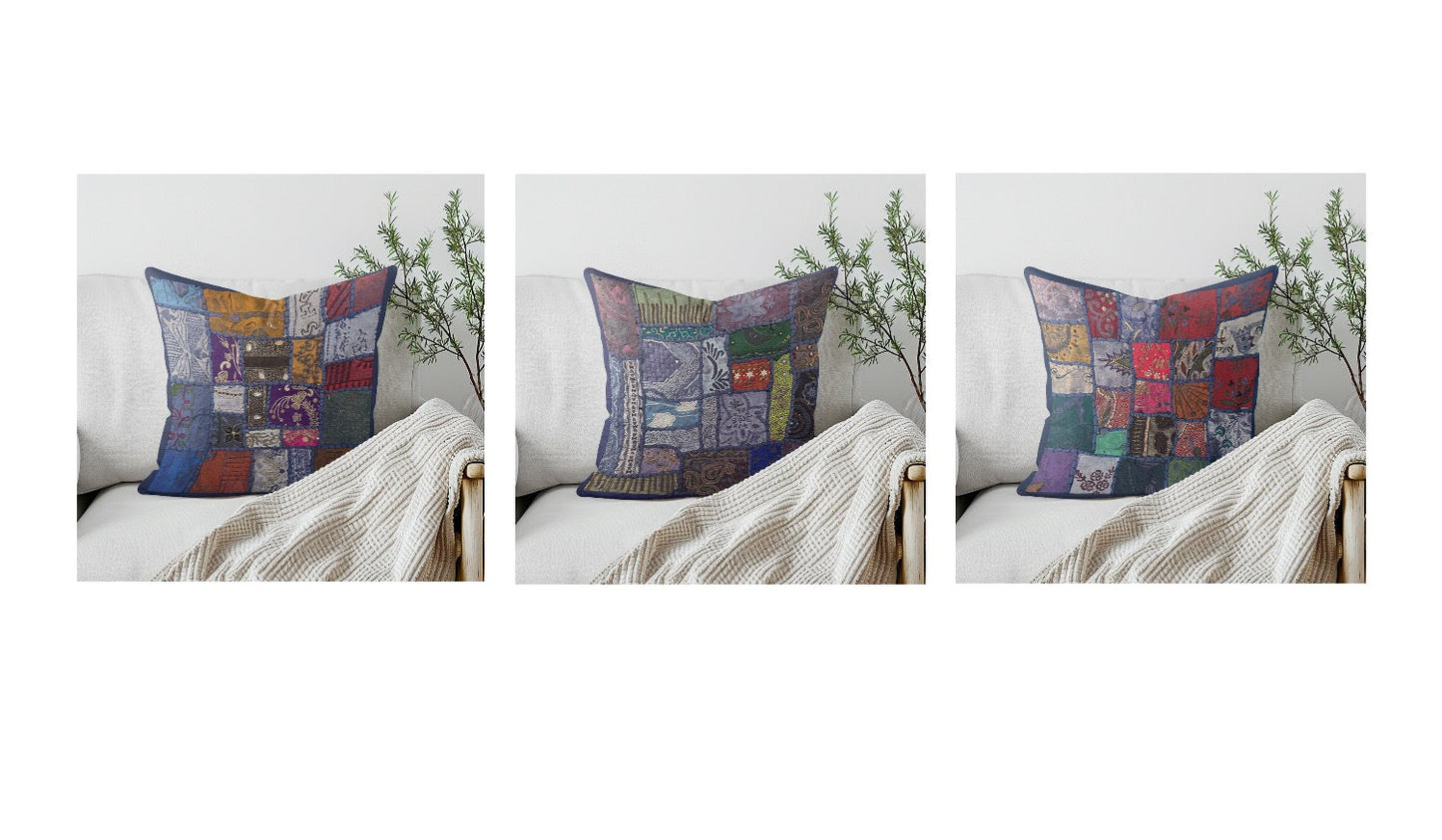 Blue Handmade Embroidered Indian Pillow Cover 16x16 – Decorative Cushion Case with Zari & Sequin Work, Bohemian Throw Pillow Cover for Sofa, Bed, Living Room, Luxury Handmade Home Décor